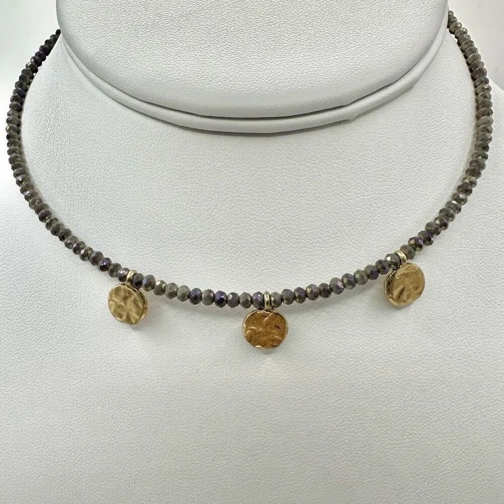 Crave irridescent beaded gold disc choker necklace